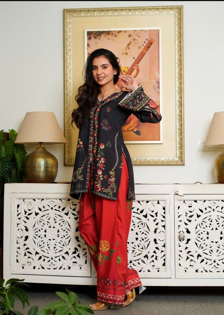 ETHNIC BLACK & RED 2PC STITCHED